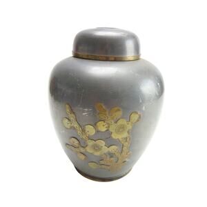 Vintage Pewter Brass Ginger Jar Cherry Blossoms